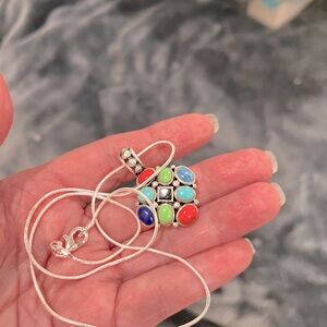 925 Sterling Silver Authentic Gemstones and Onyx Center Pendant Necklace